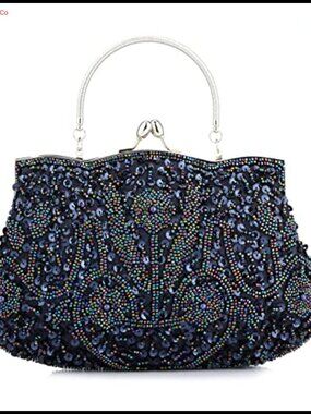 Beaded Sequin Flower Evening Clutch Large Wristlet Handbag Formal Party